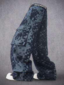 Manfinity Denimwave Men's Casual Fashion Street Checkered Patchwork Loose Wide-Leg Cargo Jeans, Belt Not Included - Dark Wash - View 3