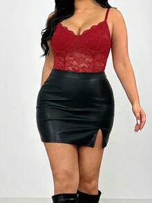 Firerie 大码优雅舒适性感蕾丝撞色网纱弹力连体衣，适合情人节、音乐会、演出、约会、正式晚宴、派对等场合，性感、优雅、通勤、海滩、浪漫、OL风、美人鱼风格、生日派对等。 - 酒紅色 - 查看 2