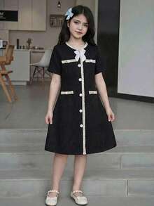 Elladie kids 1pc Tween Girls Black And Cream Summer Elegant Graduation Korean Style White Splicing Gold Ribbon Decor Faux Pocket Bow Short Sleeve Dress For Party - Black - View 1