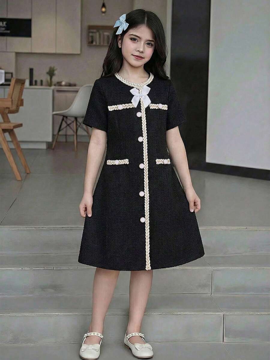 Elladie kids 1pc Tween Girls Black And Cream Summer Elegant Graduation Korean Style White Splicing Gold Ribbon Decor Faux Pocket Bow Short Sleeve Dress For Party - Black - View 1