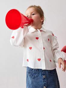 Maija Kids Heart Print Frill Trim Casual Long Sleeve Blouse - Red and White - View 6