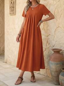 Faunlyn Summer Casual Solid Color Double Pocket Short Sleeve Dress - Rust Brown - View 6