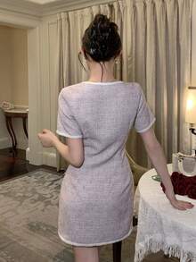 DAZY Women's Elegant Contrast Trim Button Decor Short Sleeve Dress Sundress - Pink - View 2