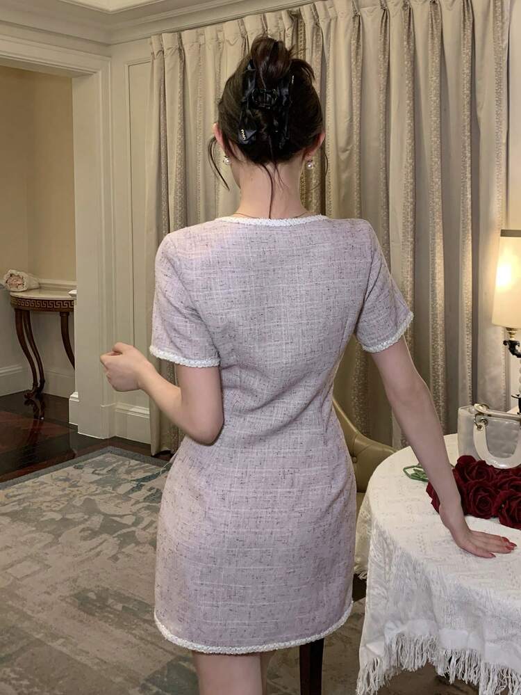 Women's Elegant Contrast Trim Button Decor Short Sleeve Dress Sundress