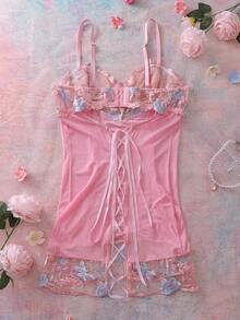 FloralLove Romantic Floral Mesh Patchwork Embroidered Criss-Cross Tie-Up Sheer Sexy Nightgown For Women - Pink - View 2