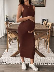 SHEIN Gaun Hamil Tanpa Lengan Leher Bulat Bergaris Pas Badan Bergaya Musim Panas - Coffee Brown - View 4