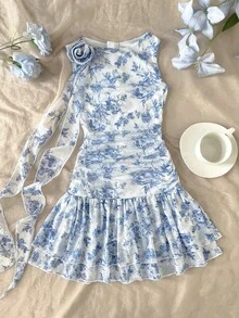 SHEIN Đầm ngắn không tay dáng ôm, cổ tròn bất đối xứng, dành cho thiếu nữ, kiểu dáng thanh lịch, họa tiết hoa Pháp xếp nếp 3D, thích hợp cho dạo phố mùa xuân hoặc mặc hàng ngày. - Màu xanh lam - Xem 4