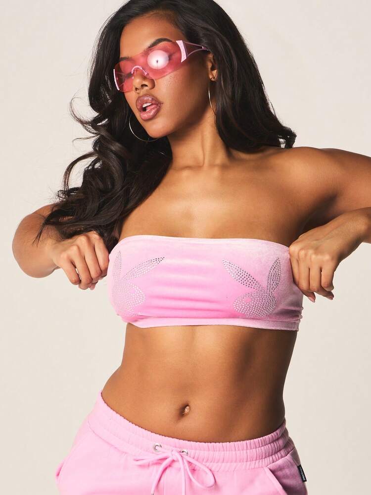 Missguided x Playboy Velour Strapless Bandeau Top With Hotfix Embellishment Details Rhinestone Studded Tube Style Fashion Crop Top For Women Party Clubwear