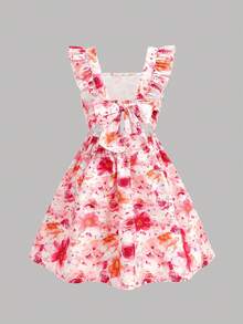 少女夏季粉色碎花泡泡袖露背蝴蝶结腰带休闲连衣裙，时尚百搭，适合派对、郊游、姐妹合照、公园、露营、度假、日常休闲、舞会等场合。 - 粉色 - 查看 2