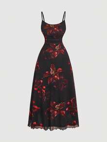 SHEIN MOD 大码夏季复古黑色定位勃艮第花朵优雅网眼吊带连衣裙，度假装 - 彩色 - 查看 1