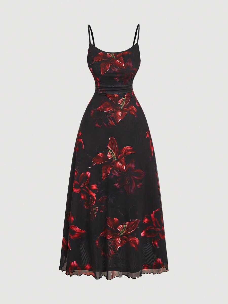 SHEIN MOD 大码夏季复古黑色定位勃艮第花朵优雅网眼吊带连衣裙，度假装 - 彩色 - 查看 1