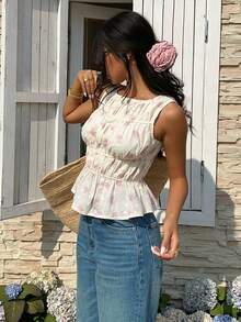 Serisse Women's Round Neck Sleeveless Ruffle Embroidery & Floral Print Blouse - Baby Pink - View 4