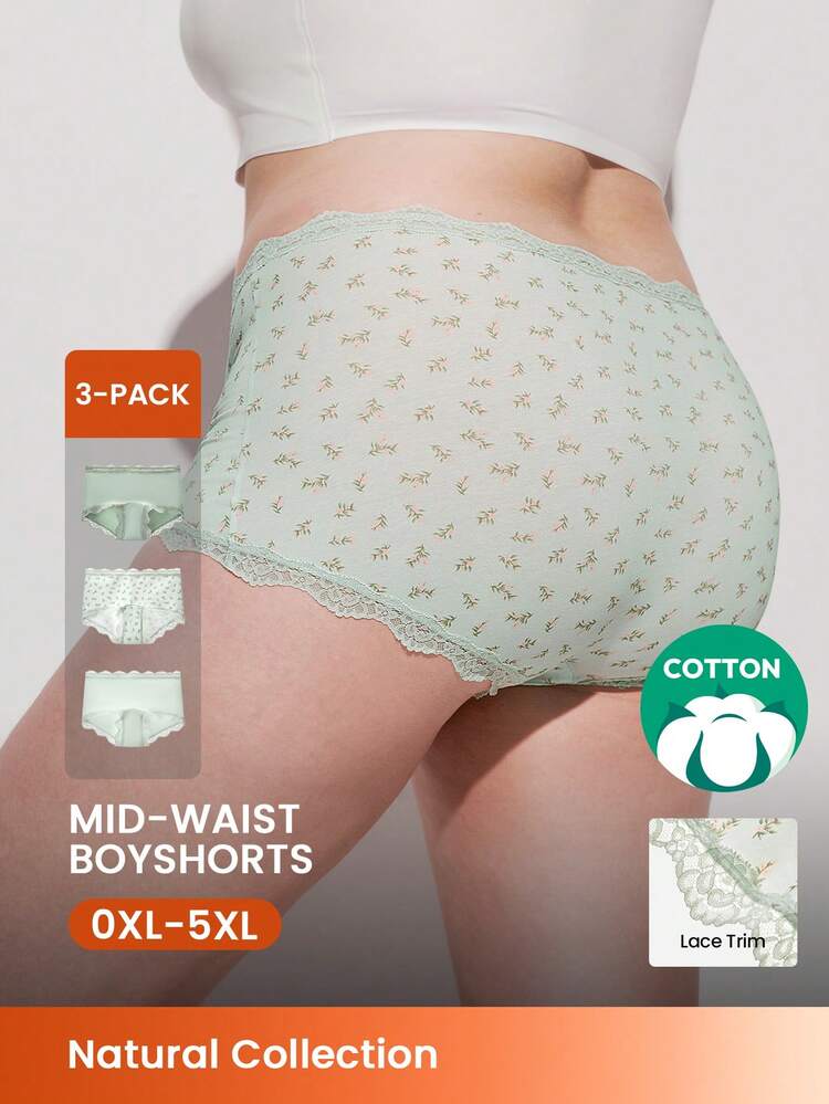 Plus 3-Pack Lace Trim Cotton High-Waist Boyshorts Panties Set