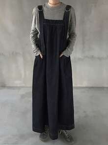 FRIFUL 女士休闲长款牛仔背带裙 - 藍色 - 查看 4