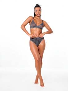 SUMWON WOMEN 网眼格纹印花内衣套装，文胸和内裤采用三角罩杯和低腰设计 - 彩色 - 查看 4
