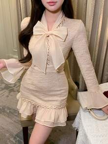 DAZY 春夏网纱荷叶边拼接休闲办公装格纹鸡尾酒会婚礼宾客连衣裙，优雅修身喇叭下摆中长连衣裙，女士吊带裙 - 米色 - 查看 3