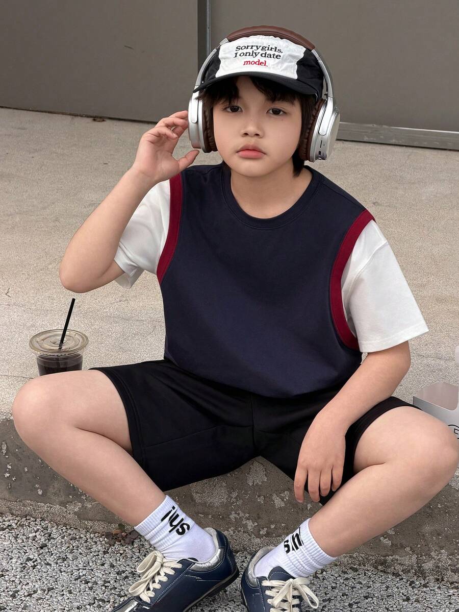 DAZY Tween Boy 2 In 1 Round Neck Short Sleeve Casual Loose T-Shirt - Navy Blue - View 1