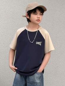 DAZY 青少年男孩字母印花撞色插肩短袖休闲T恤 - 藏蓝色 - 查看 5