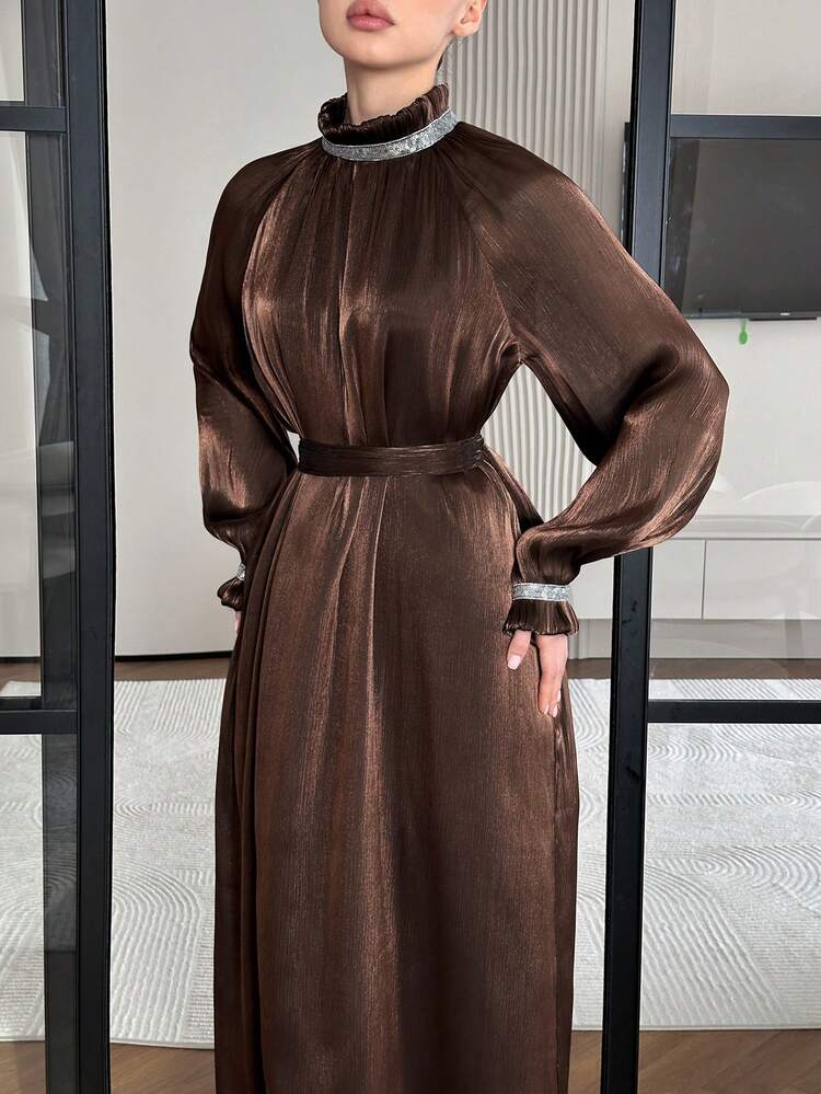 Women's Sequin Patchwork Collar Raglan Sleeve Loose Elegant Mid-Length Dress Sundress