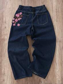 Manfinity Joysei Men's Street Fashion Casual Plaid Embroidered Floral Design Straight Leg Wide Leg Jeans - Dark Wash - View 2