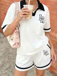 Sparklyn Teenage Girls' Retro LA Letter Print Polo Collar Knit T-Shirt & Shorts Set,Black And White Athletic Summer Back-To-School Graduation Casual Loose Top - White - View 4