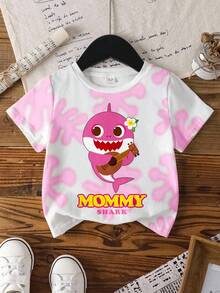 BABY SHARK X SHEIN 女童极简印花圆领短袖T恤 - 白色 - 查看 1