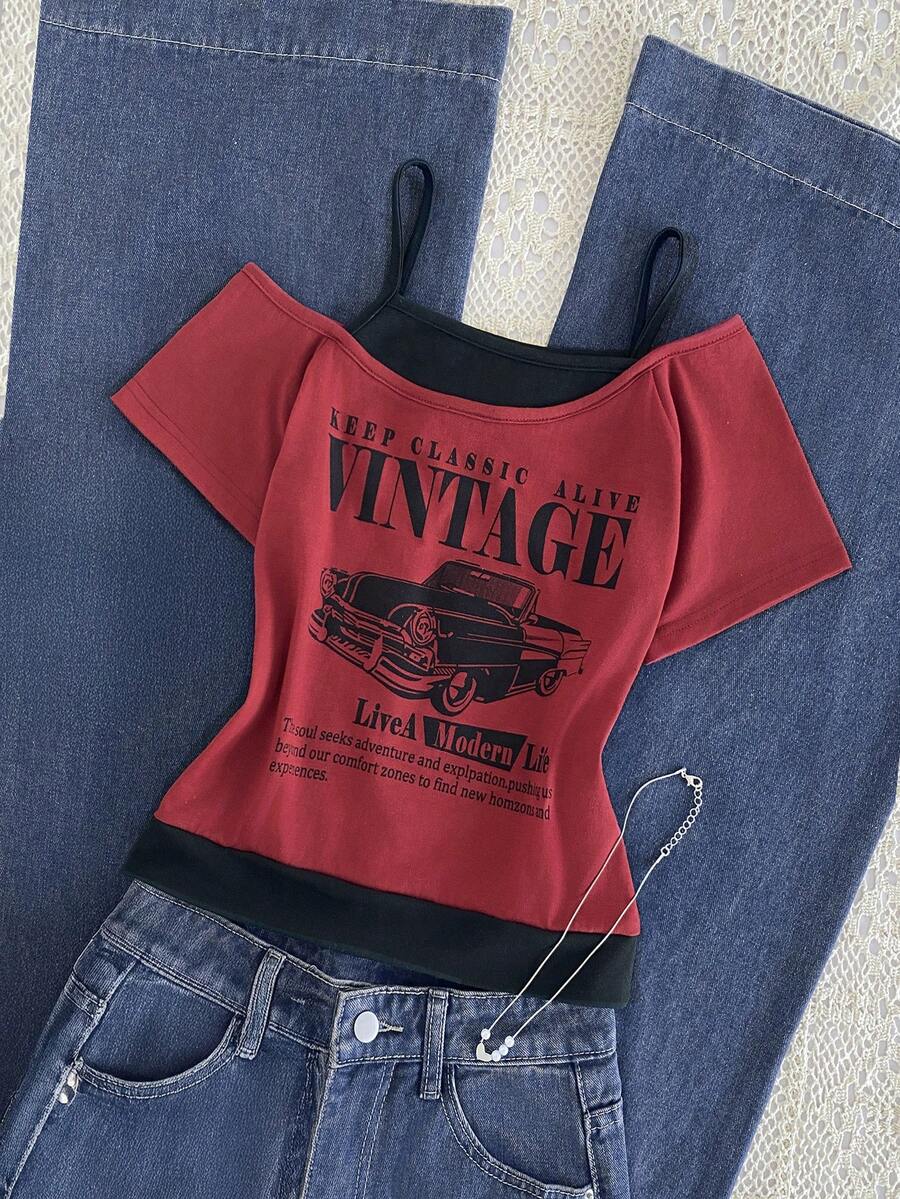 Áo thun 2 trong 1 phong cách đường phố dành cho bé gái tuổi teen, có in chữ, khẩu hiệu và hình ảnh xe hơi, thiết kế tay ngắn hở vai, thích hợp cho các hoạt động giải trí mùa hè, mua sắm và chụp ảnh. - Đỏ - Xem 1