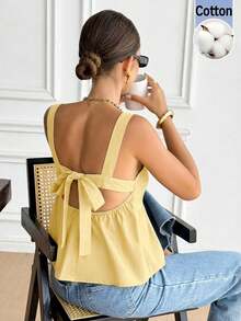 Serisse 女士纯色褶皱后背扭结设计休闲百搭上衣，适合约会和外出穿着 - 淡黃色 - 查看 1