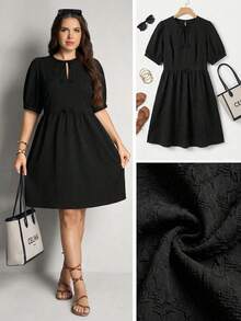Comfylo Đầm nữ cỡ lớn kiểu dáng đơn giản, màu trơn, cổ mở, tay phồng, eo thắt, thích hợp mặc hàng ngày đi làm. - màu đen - Xem 7