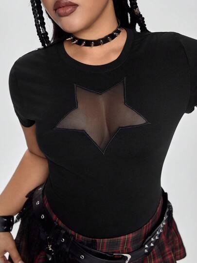 ROMWE Grunge Punk Plus Size Y2K Punk Pentagram Hollow Design Sexy Fitted Solid Color Versatile T-Shirt