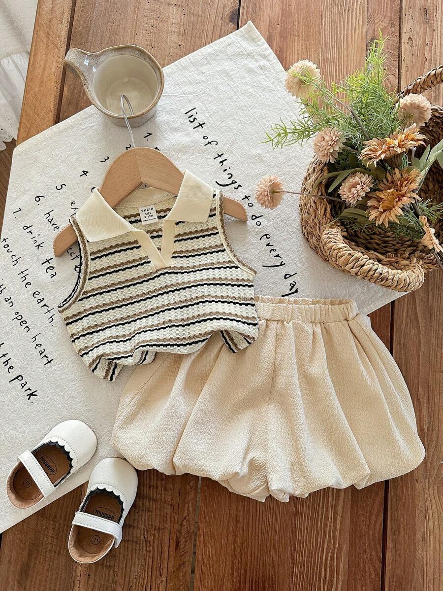 SHEIN Conjunto de top de tirantes con cuello polo a rayas y shorts con volantes de cintura elástica, estilo lindo para bebé niña en verano - Caqui - Ver 1