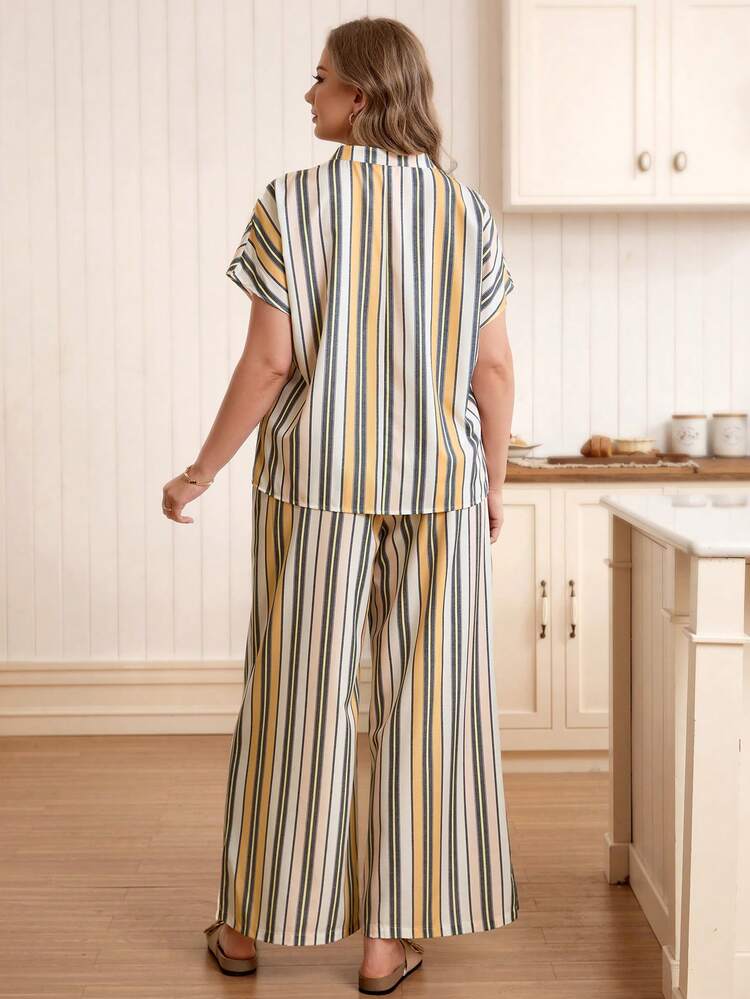 Plus Size Summer Casual Striped Shirt And Pants 2 Pieces Set Casual Sets For Women Summer Outfits Summer Clothes Spring Spring Outfit Women Spring Clothes Beach Vacation Outfits For Women Bohemian Ladies Casual Sets Women's Summer Outfits Striped Pant Sets Summer Pant Sets For Women Casual Pant Sets