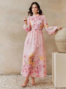 Anewsta 春季新款优雅3D立体花卉装饰印花立领长袖衬衫裙，配有可拆卸吊带和腰带，女款 - 彩色 - 查看 3