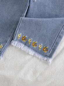 Vintaside Kids Bộ đồ bé gái gồm áo dài tay cổ tròn kẻ caro thêu hoa và quần jean rách, kiểu dáng thường ngày và đi nghỉ mát, thích hợp cho bé gái mặc hàng ngày và đi nghỉ mát. - Màu Khaki - Xem 6