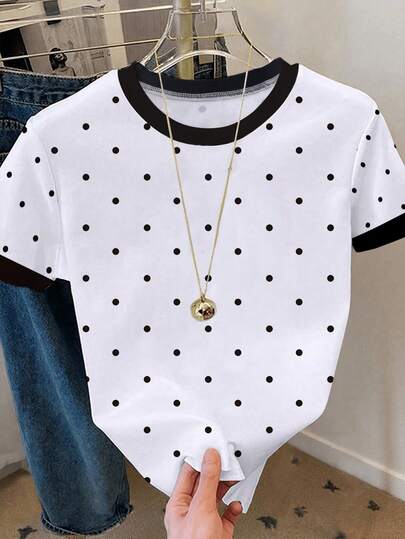 Resyla Camiseta de manga corta de mujer con cuello redondo, estampado de lunares, de uso casual y versátil para uso diario