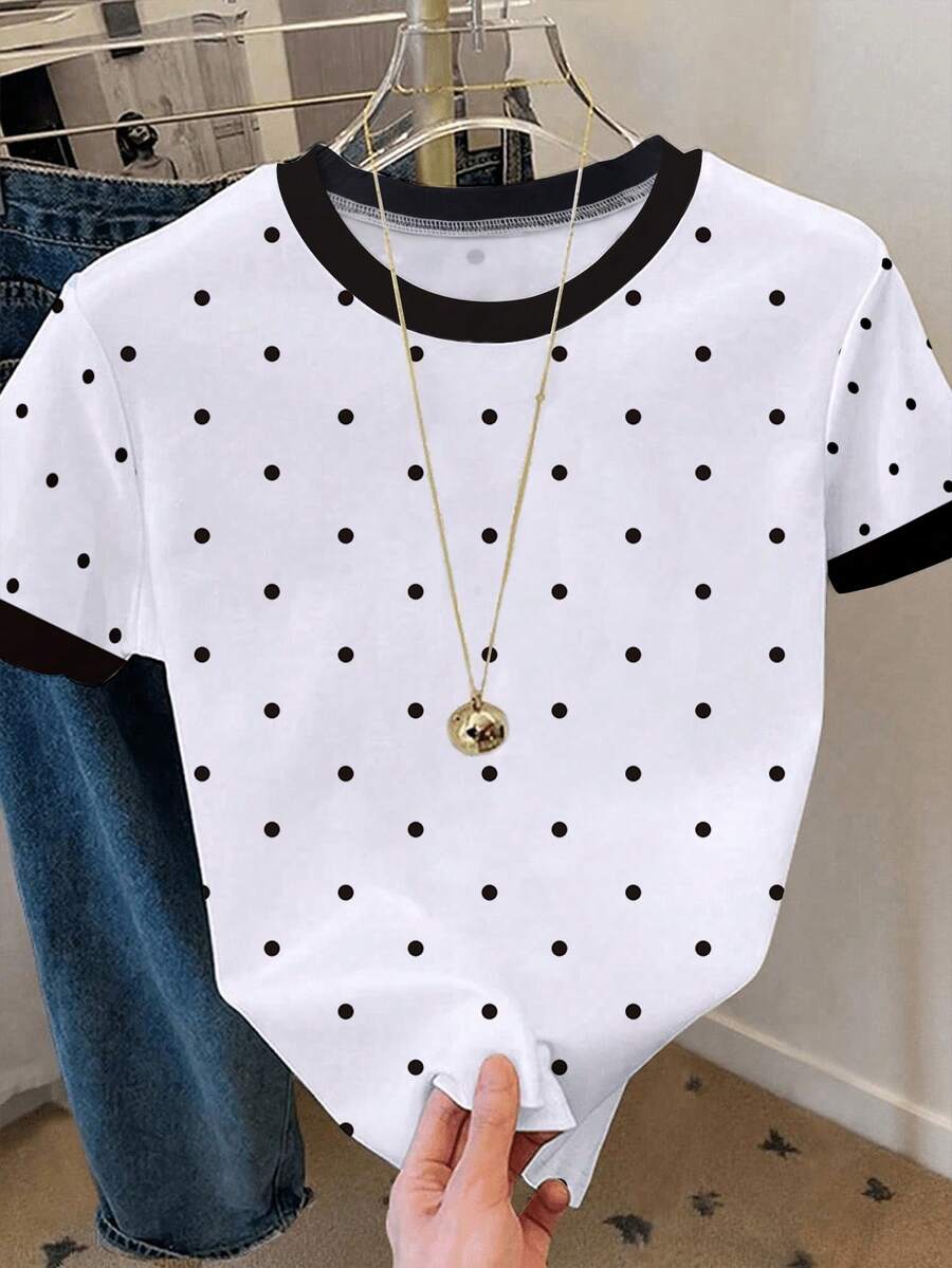Resyla 女士圆领波点休闲百搭日常短袖T恤 - 彩色 - 查看 1