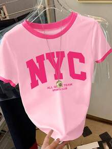 Camiseta de mujer de manga corta con cuello redondo, estampado de bandera americana y letras en bloques de color - Multicolor 13 - Ver 4