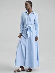 Ontre 女士纯色翻领系腰褶皱长连衣裙，适合日常穿着、约会和派对。 - 藍色 - 查看 6