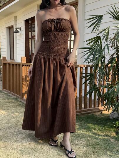 Livesso Vestido midi ajustado con espalda descubierta, textura estriada y efecto calado, en estilo primavera y verano, adecuado para festivales de música, San Valentín, bodas, vacaciones casuales y de playa