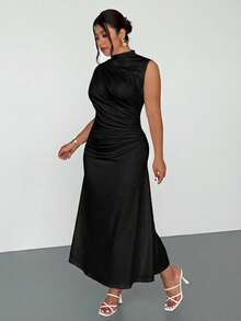 Firerie Plus Size Ruched Hem Sleeveless Elastic Ruched Dress, Elegant Romantic For Dates, Tea Parties, Graduations, Commuting, Spring/Summer - Black - View 6