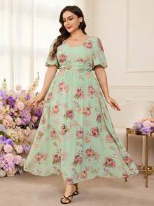 Modelyn Vestido Maxi Romántico de Gasa con Estampado Floral, Mangas Abullonadas, Corte A, Talla Grande, Primavera/Verano - Multicolor - Ver 4
