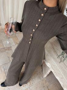 Livesso 两件套女士条纹高领露脐上衣和休闲裤，适合春夏季通勤穿着 - 咖啡棕 - 查看 4