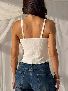 SHEIN EZwear 夏季优雅女士纯色荷叶边纹理吊带背心 - 杏色 - 查看 2