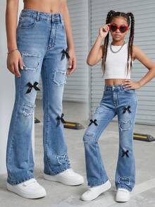 SHEIN Quần jean denim ống loe, co giãn cao, màu đen, đa năng, cá tính dành cho nữ tuổi teen, với họa tiết thêu 3D độc đáo, kiểu dáng rách nhẹ, phù hợp mọi mùa. - Rửa tối - Xem 5