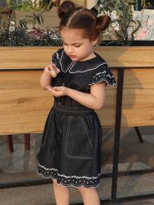 DAZY Bộ đồ 2 mảnh gồm áo sơ mi và quần short denim tay ngắn thêu dành cho bé gái, thích hợp cho mùa thu và mùa hè. - Màu xanh lam - Xem 5