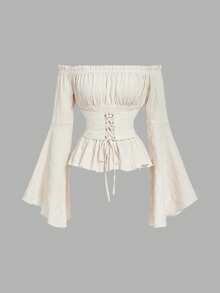 SHEIN MOD 白色露肩系带褶皱胸前荷叶边下摆收腰喇叭袖衬衫。象牙色露肩衬衫，喇叭袖，系带前襟，纹理面料，荷叶边下摆，胸部褶皱，浪漫风格，优雅廓形，柔软触感，轻盈外观，低调光泽，波西米亚风，女性化剪裁，精致细节，收腰设计，自然色，适合夏季假期、度假、狂欢节、情人节、女士情人节、夏季、春假等场合。 - 杏色 - 查看 8