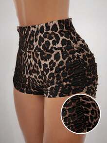 SHEIN EZwear 大码女式豹纹褶皱打底短裤 - 彩色 - 查看 8