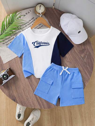 SHEIN 2pcs Boys Outfit, Contrast Color Round Neck Short Sleeve T-Shirt With "California" Letter Print, Patchwork Top And Light Blue Cargo Shorts With Drawstring, Casual Summer Street Style Clothing Set