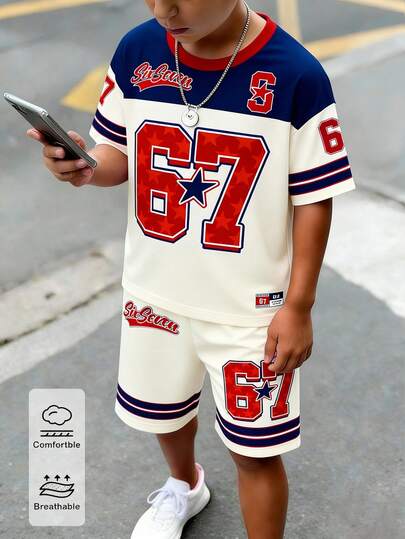 2pcs/Set Toddler Boys' Casual Creative Numeric 67, Star, Stripe, Letter Print Short Sleeve T-Shirt And Shorts Outfit, Comfortable Daily Wear, Cozy Summer Styles Suitable For Spring, Summer & Autumn