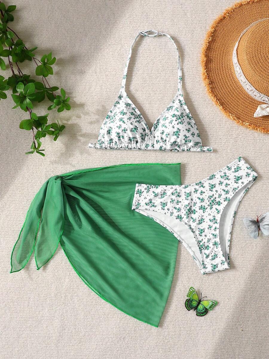 SHEIN Conjunto de traje de baño minimalista estampado para niña preadolescente de 13 años, bikini de dos piezas para la playa para preadolescentes - Verde - Ver 1